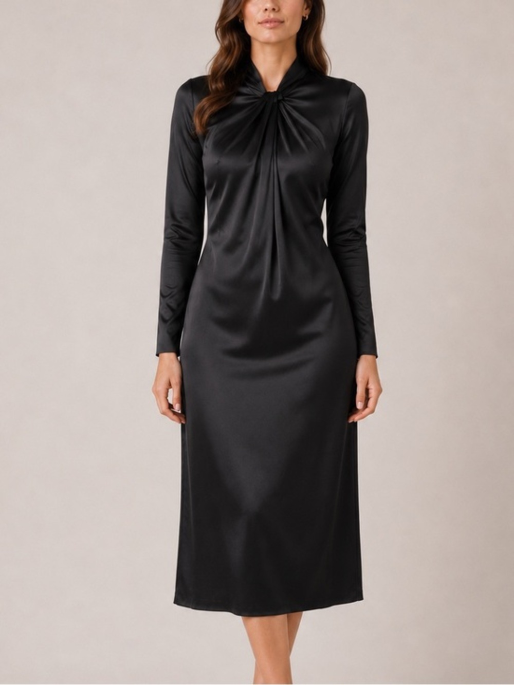 Love Moschino Black Satin Long Sleeve High Neck Twist Chic Minimalist Midi Dress